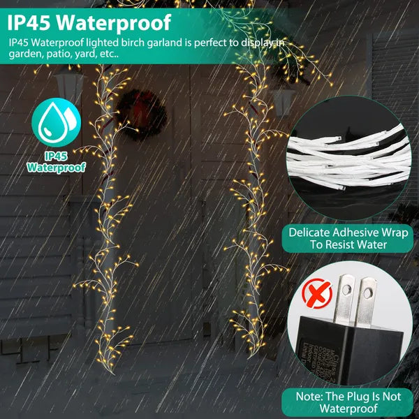 Lighted Birch Garland 7.87FT Lighted Twig Vine Lights 144LED Birch Garland With Lights String Light With Timer 8 Modes IP45 Waterproof For Christmas Fireplace Home Decoration