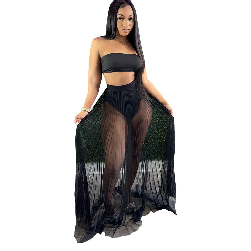 Sexy Three-Piece Breast-Wrapped Mesh Skirt
