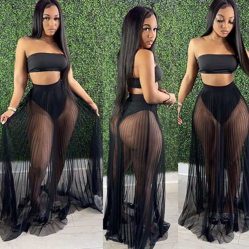 Sexy Three-Piece Breast-Wrapped Mesh Skirt