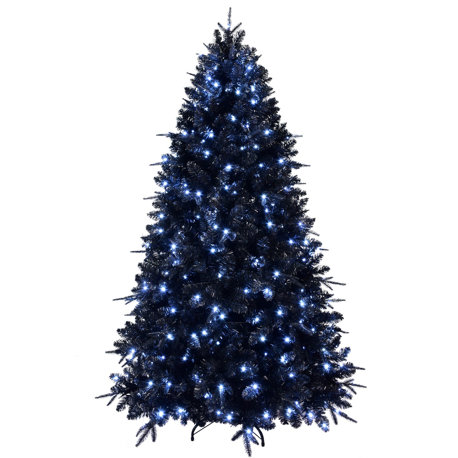 Prelit Black Christmas Tree With White Lights Artificial Fake Christmas Tree With PE&PVC Branch Tips For Halloween And Xmas Tree For Holiday Decorations, Metal Stand And Hinged Branches