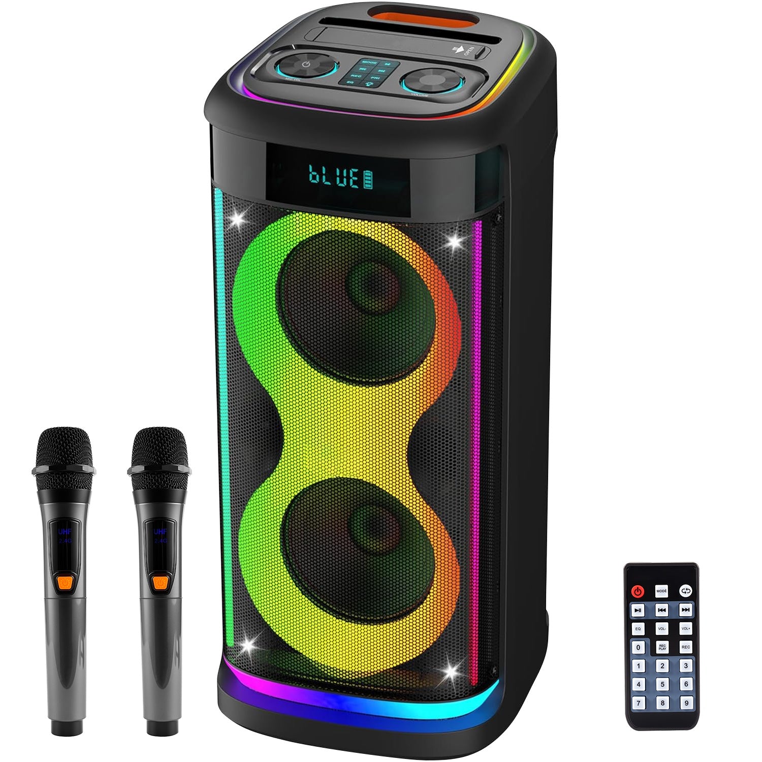 Portable Wireless Party Speaker With LED Light Wireless Mic Remote Control TWS Treble Bass Mic. Echo Music Accompany Mic. Priority Guitar In