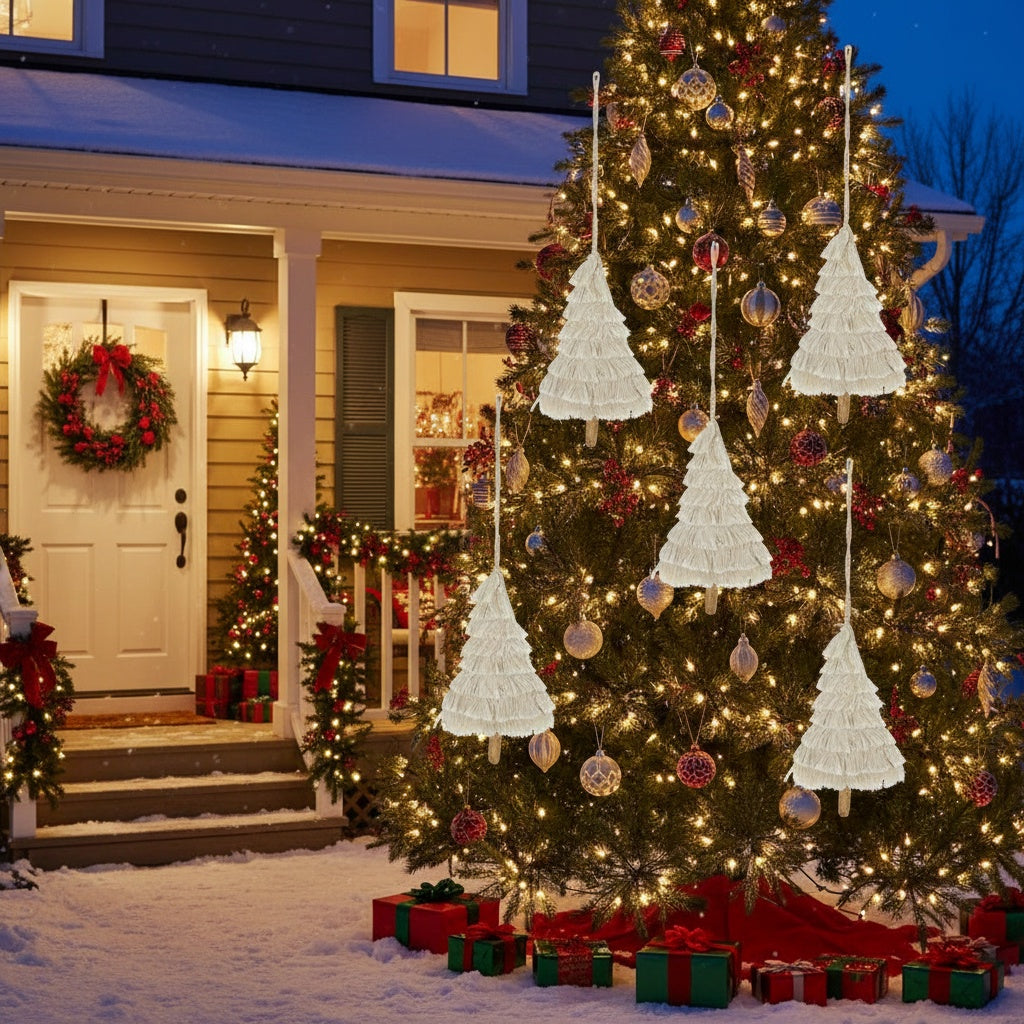 6PCS Set Christmas Ornaments 4.3x7.5in Fringe Tassels Tree Hanging Decor Assorted Festive Party Christmas Tree Decor