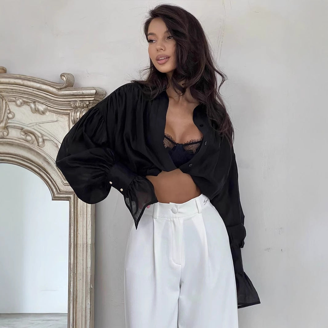 Ins French Lantern Sleeve Shirt Fashion Button Lapel Long Sleeved Tops Casual Women's Clothing